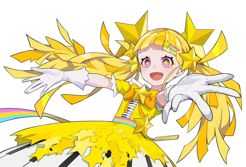 A character setting of Twinkle Twinkle Little Star, a heroine from the upcoming takt op. TV anime. Twinkle Twinkle Little Star is represented as a young woman in a pop idol costume with bright yellow hair arranged in twin tails and yellow stars instead of irises in her pink eyes. She has a shooting star barrette in her hair, and her idol outfit has stars, rainbows, and a keyboard mixed among its theme.