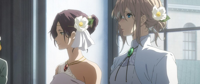 Isabella York and Violet Evergarden, the main characters of the upcoming Violet Evergarden spin-off film, are dressed up for a formal event.