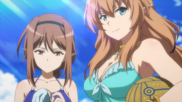 Poppy and Hanna prepare for a magically-enhanced game of beach volleyball in a scene from the MYSTERIA Friends TV anime.