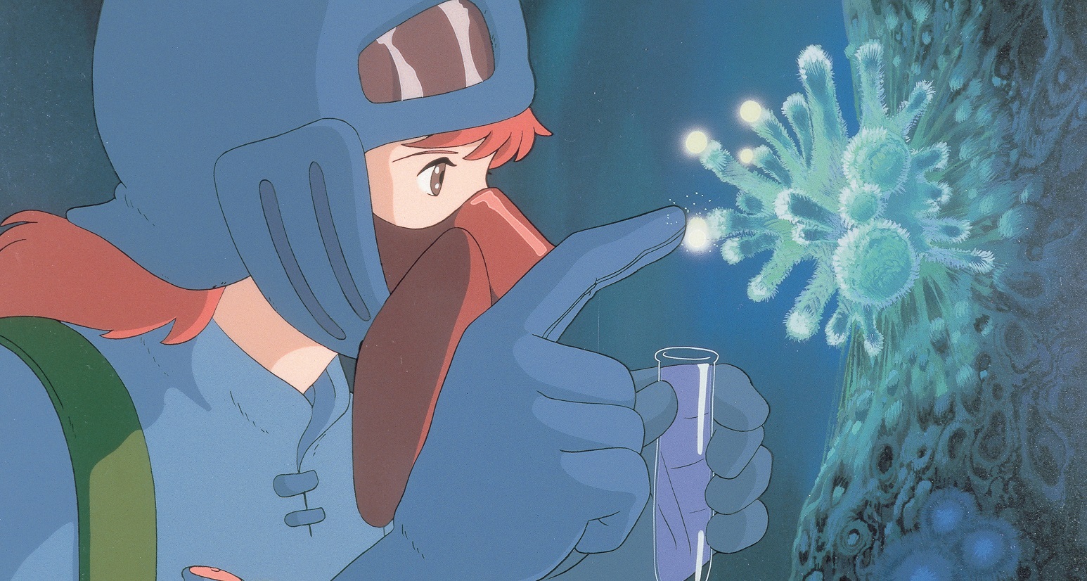 Princess Nausicaä collects a spore sample from a flowering fungus in the Toxic Forest in a scene from the 1984 Nausicaä of the Valley of the Wind theatrical anime film.