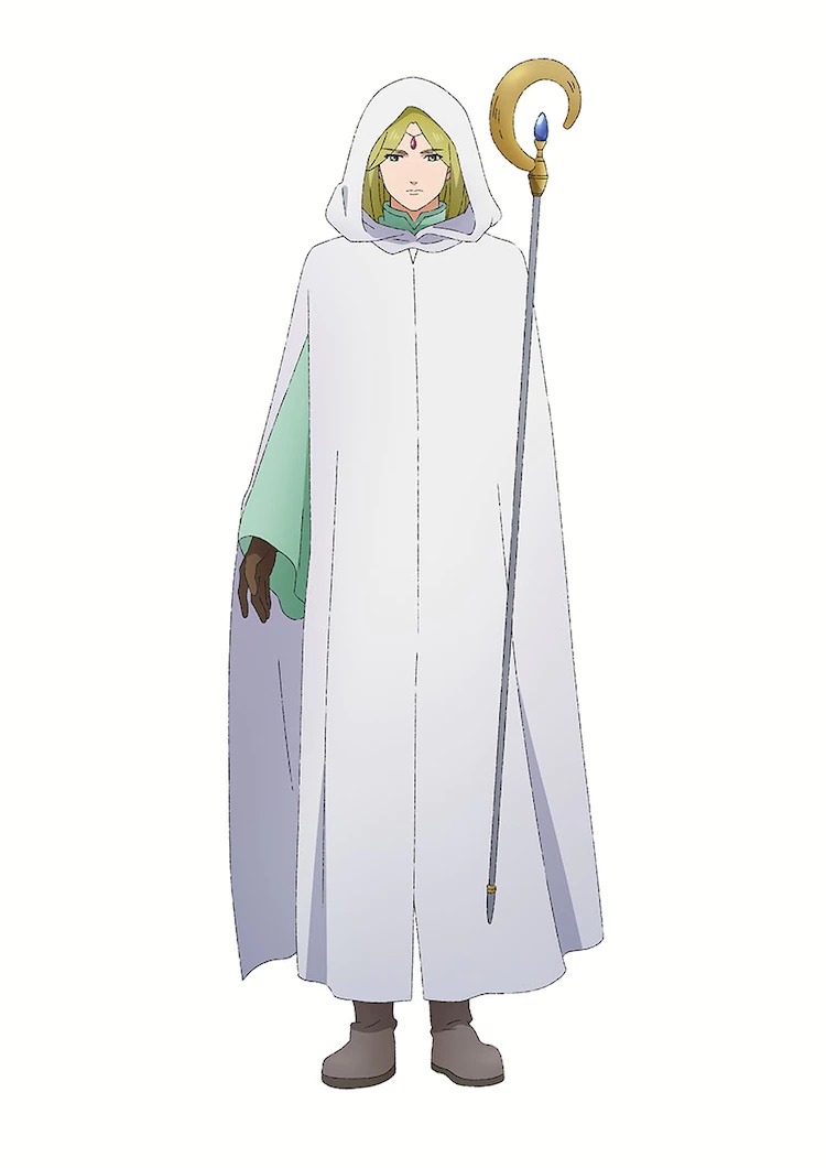 A character setting of White Mage, a blonde male magician in long white robes and carrying a crescent moon staff, from the upcoming Dragon Goes House-Hunting TV anime.