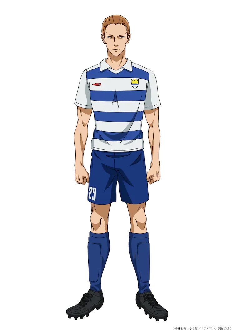 A character backdrop of Akinori Kaneda from the ongoing TV anime Aoashi.  Akinori is a stern-looking young man with slicked back brown hair and piercing eyes.  He wears a blue and white football uniform consisting of a polo shirt, shorts, shin guards and cleats.