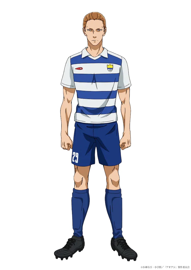 Eine Charaktereinstellung von Akinori Kaneda aus dem laufenden TV-Anime Aoashi.  Akinori ist ein streng aussehender junger Mann mit nach hinten gekämmten braunen Haaren und scharfen Augen.  Er trägt eine blau-weiße Fußballuniform, bestehend aus einem Poloshirt, Shorts, Schienbeinschützern und Stollenschuhen.