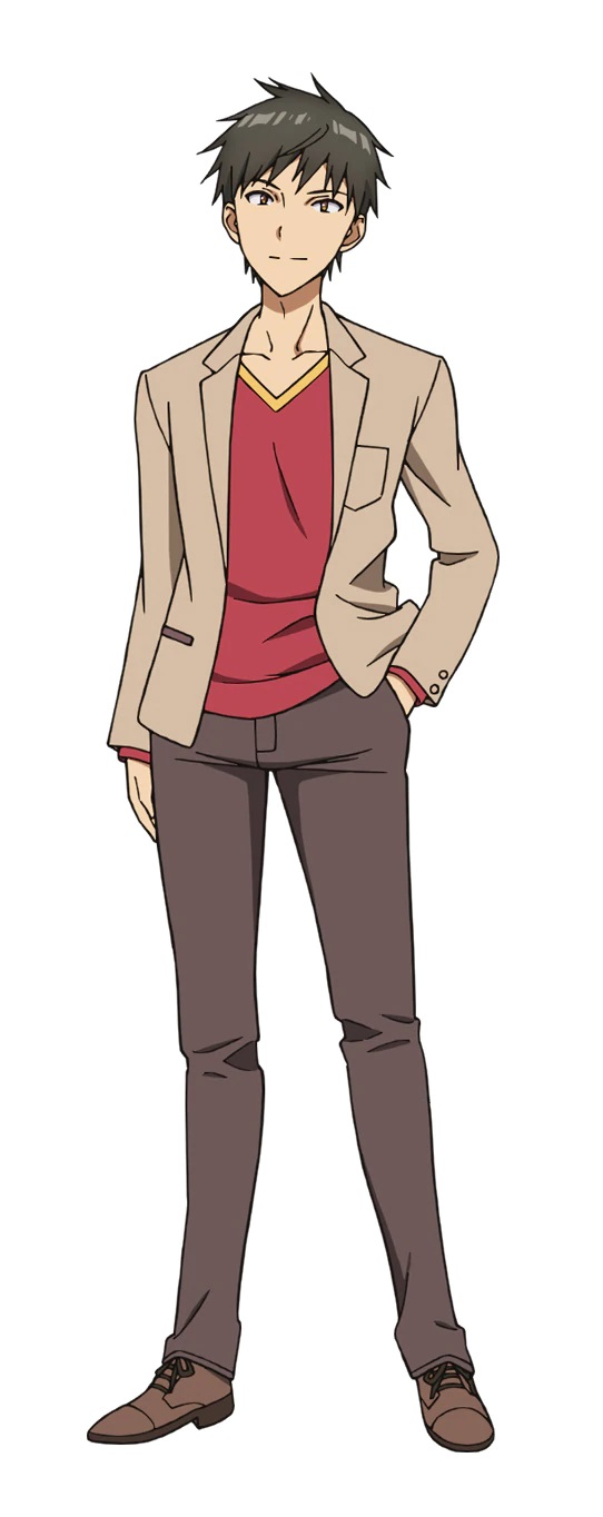 Eine Charaktereinstellung von Tsurayuki Rokuonji, einem jungen Mann mit dunklen Haaren und gelben Augen, gekleidet in ein Business-Casual-Outfit aus dem kommenden Bokutachi no Remake TV-Anime.