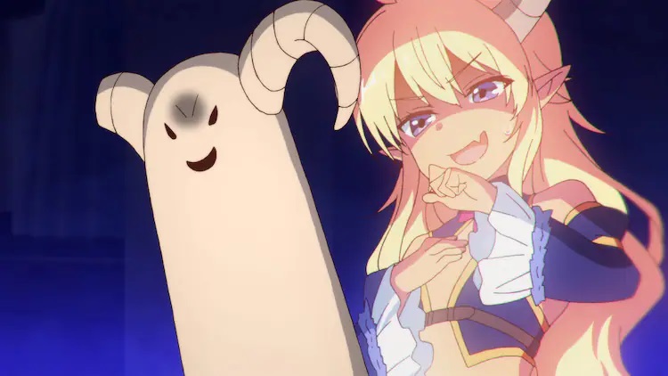Lilith and her idol flash an evil smirk in a scene from the upcoming second season of The Demon Girl Next Door TV anime.