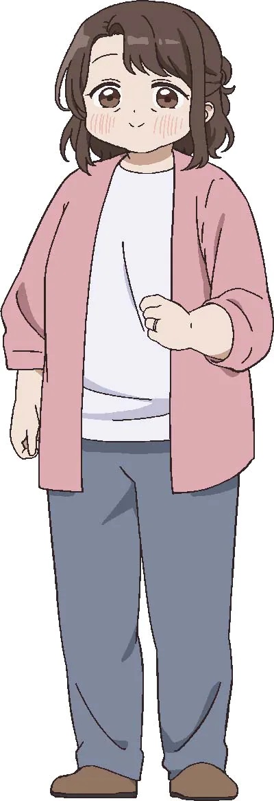 A character setting of Yoshie Shiraishi from the upcoming Kubo Won't Let Me Be Invisible TV anime. Yoshie is a slightly plump middle-aged woman with brown hair and brown eyes dressed in casual clothes.