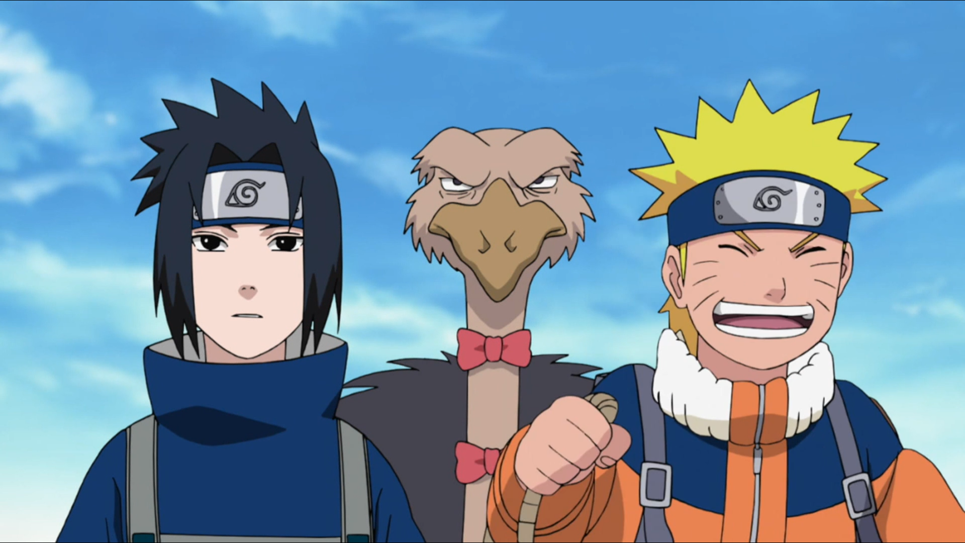 Condor the Ninja Ostrich prepares to break free from the captivity enforced by Sasuke and Naruto in a scene from the Naruto Shippuden TV anime.