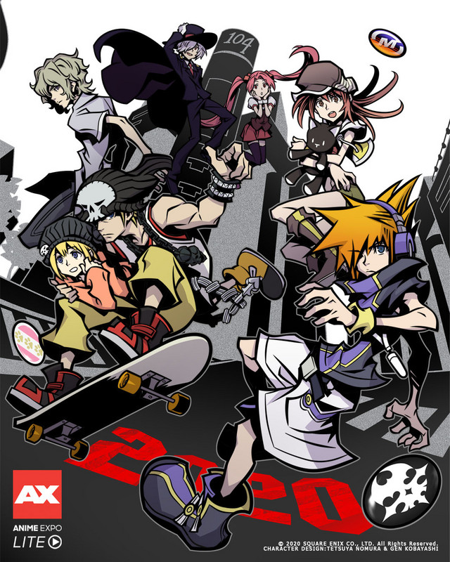 A key visual for the Anime Expo Lite virtual convention, featuring the cast of The World Ends with You interacting with Ai & Xeno, the mascot characters for Anime Expo, Ai & Xeno.