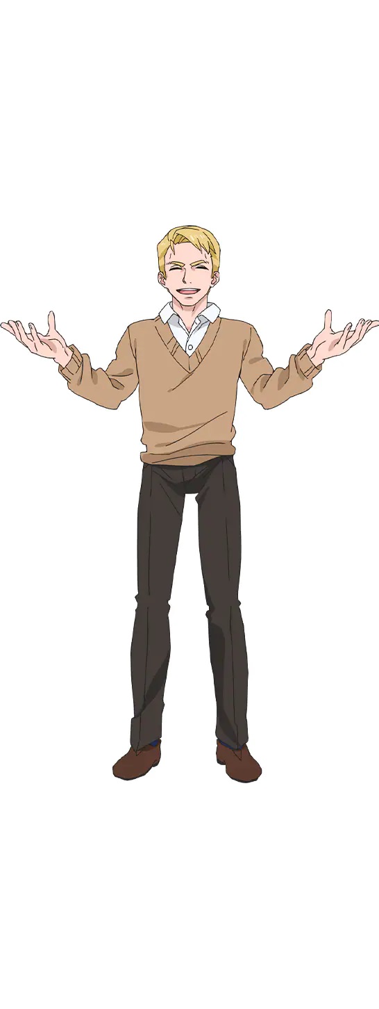 Un escenario de personaje de Brian-sensei del próximo anime de televisión 4-nin wa Sorezore Uso wo Tsuku.  Brian es un hombre de aspecto europeo de 30 años con cabello rubio y una amplia sonrisa.  Lleva una chaqueta de punto color canela, pantalones gris oscuro y mocasines marrones.