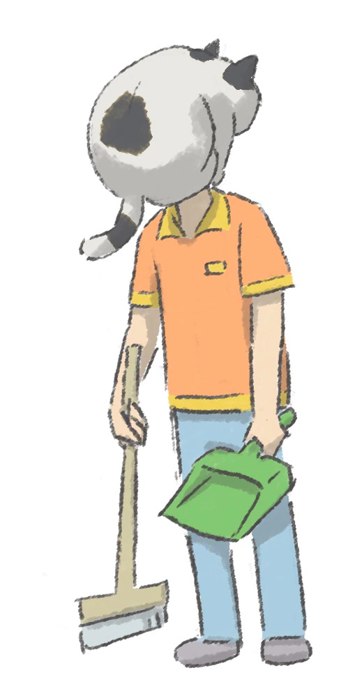 A character setting of Muto, a convenience store employee with a cat covering his face, from the upcoming Soredake ga Neck TV anime.