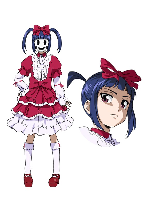 Eine Charaktereinstellung von Ein, einem jungen Mädchen in einem Rüschen-Dresk und einer Maske, aus dem kommenden Netflix Original Anime von High-Rise Invasion.