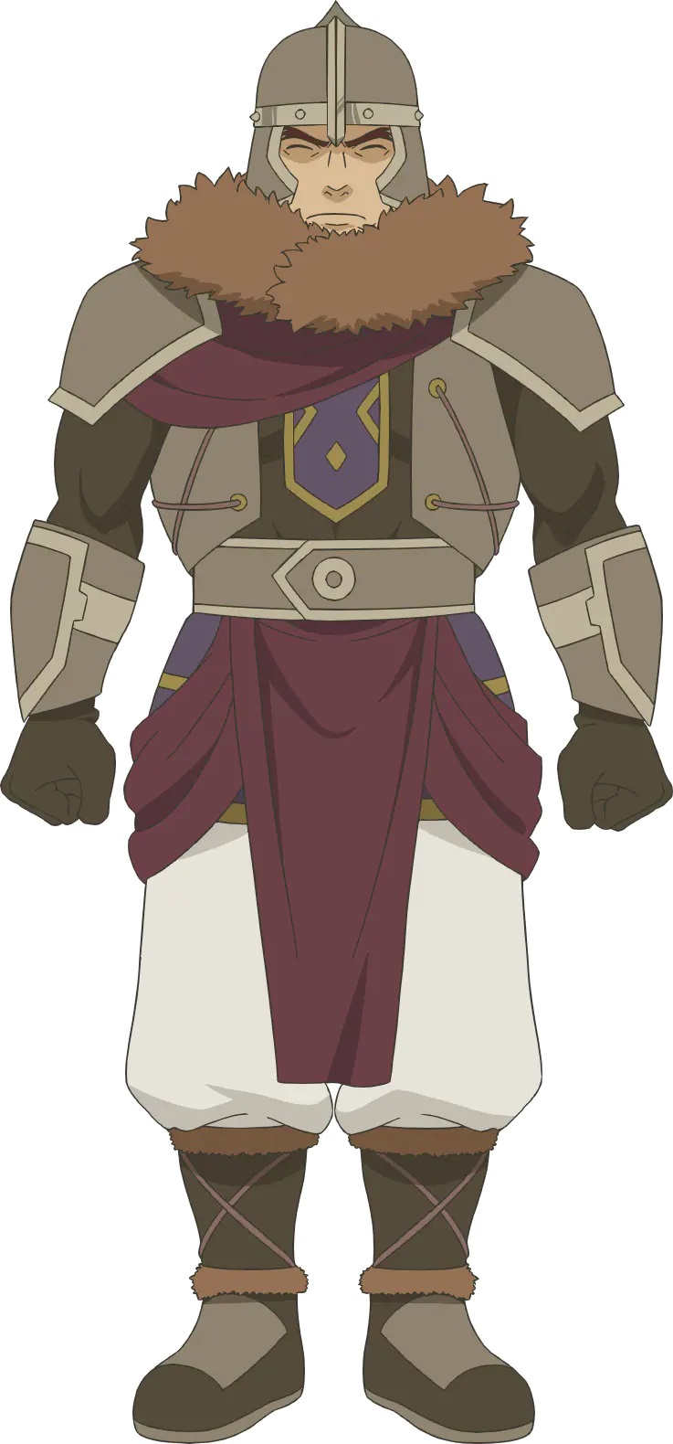 A character setting of Dormul Bolster from the upcoming 4th season of the Is It Wrong to Try to Pick Up Girls in a Dungeon? TV anime. Dormul is a dwarf warrior in half plate armor with a fur collar and a pot helmet.