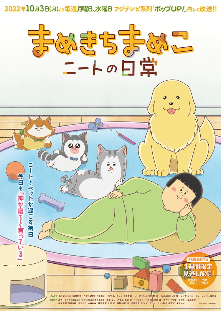 A key visual for the upcoming Mamekichi Mameko NEET no Nichijou TV anime featuring artwork of the main character, Mameko Mamekichi, lounging on the carpet in her sweat pants and sweat shirt while surrounded by her three pet cats (Tabi, Simba, and Mero) and one pet dog (Komachi)).