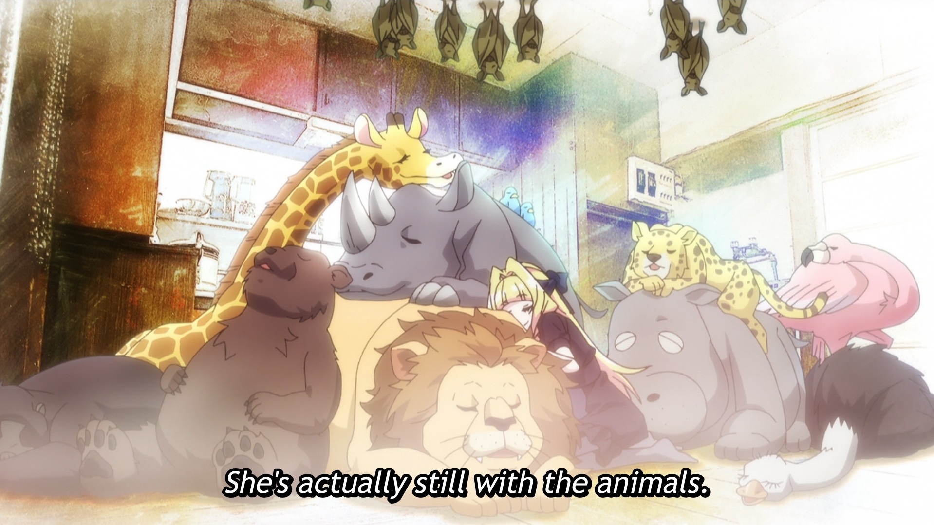 Mai Vlad Transylvania takes a nap with a large group of animals that she helped to escape from the zoo in a scene from the VLAD LOVE TV anime.