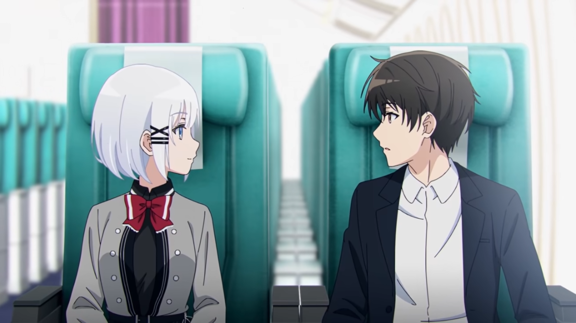 The great detective Siesta and her soon-to-be assistant Kimihiko Kimitsuka meet in a seemingly empty commercial airliner in a scene from the upcoming The Detective is Already Dead TV anime.