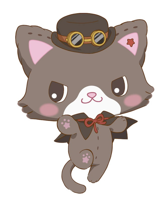 A character visual of Yuni, a gray-colored living kitty stuffed animal with a steampunk cape, hat, and goggles from the upcoming Mewkle Dreamy TV anime.