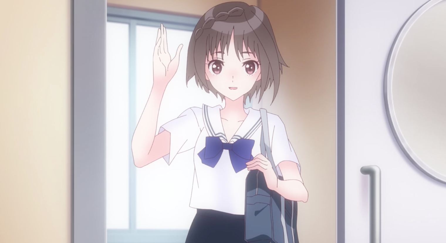 Heroine Hiori Hirahara ways hello to her classmates at school in a scene from the upcoming Blue Reflection Ray TV anime.