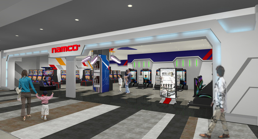 A promotional image of the NAMCO store at the LaLaport Fukuoka shopping center featuring a view of the store front and the various arcade cabinets and crane machines within.
