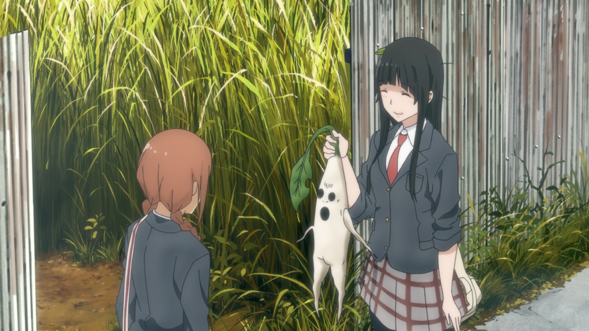 Makoto Kowata offers her friend Nao Ishiwatari a hideous mandrake root in a scene from the Flying Witch TV anime.