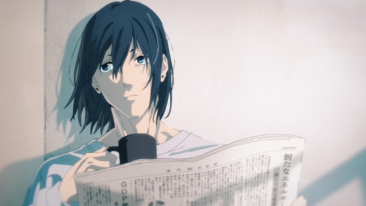 Aki drinks coffee while reading the newspaper in Chainsaw Man