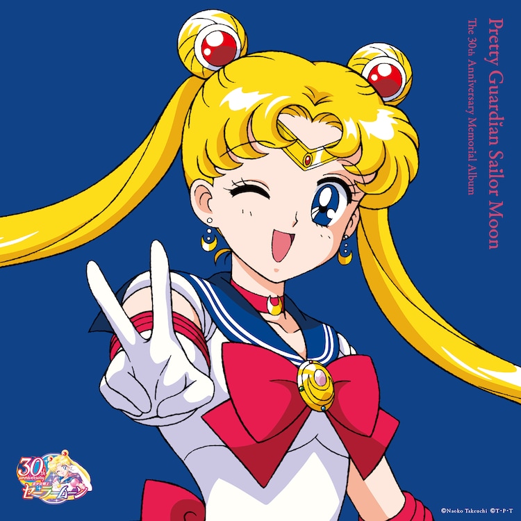 A promotional image for the upcoming Pretty Guardian Sailor Moon 30th anniversary commemorative album featuring artwork from the 1992 television anime version of Sailor Moon in her sailor senshi outfit winking and throwing a "peace" sign.