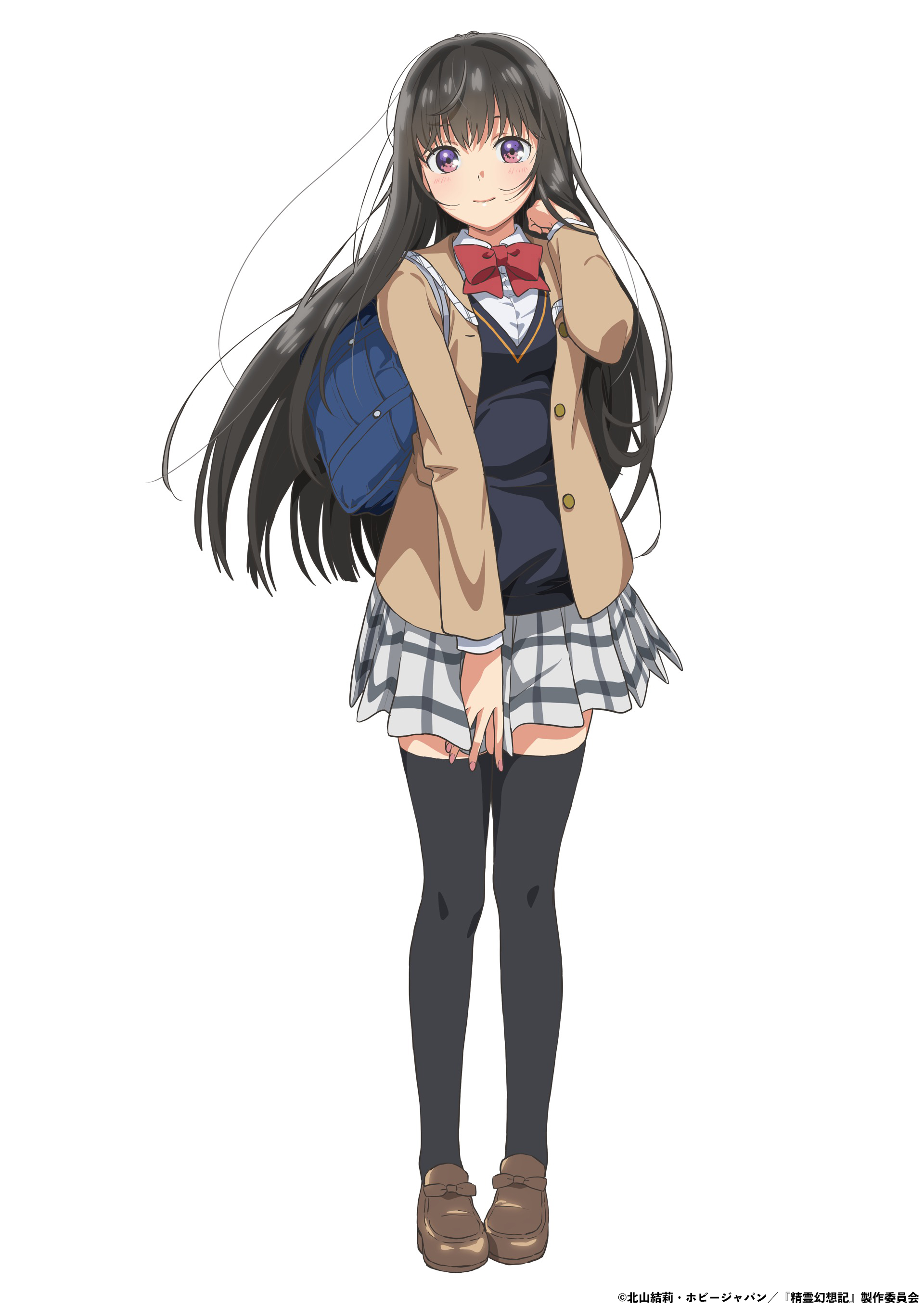 A character setting of Sayaka Harada from the upcoming Seirei Gensouki: Spirit Chronicles TV anime. Miharu appears as a high school girl with hip length black hair and violet eyes. She dresses in a school uniform with a red bow, brown blazer, black vest, a white and grey checkered skirt, and thigh high black stockings. She carries a blue back pack.