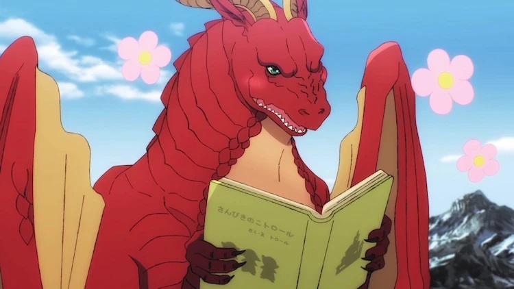 Letty, ein jugendlicher roter Drache mit Vertrauensproblemen, genießt ein Märchenbuch in einer Szene aus dem kommenden TV-Anime Dragon Goes House-Hunting.