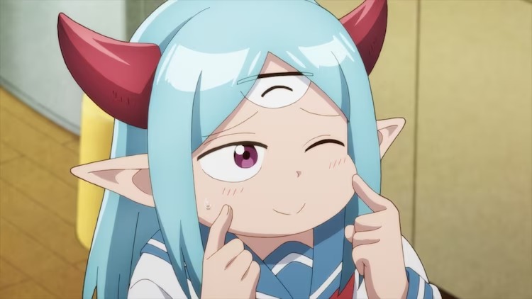 The pint-sized Demon Lord winks with two of her three eyes while pointing to her face, smiling, and trying to act cute in a scene from the upcoming Level 1 Demon Lord and One Room Hero TV anime.