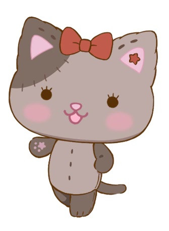 A character visual of Tsugi, a gray-colored living kitty stuffed animal with a red bow and a dark patch over her right ear in the upcoming Mewkle Dreamy TV anime.