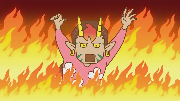 Surrounded by leaping flames, Jigoku-san throws up his arms and roars in a futile attempt to look intimidating in a scene from the upcoming Chimimo TV anime.