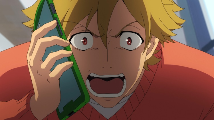 Kazuki Kurusu reacts in shock and surprise to a call from his adopted daughter on his smart phone in a scene from the upcoming Buddy Daddies TV anime.