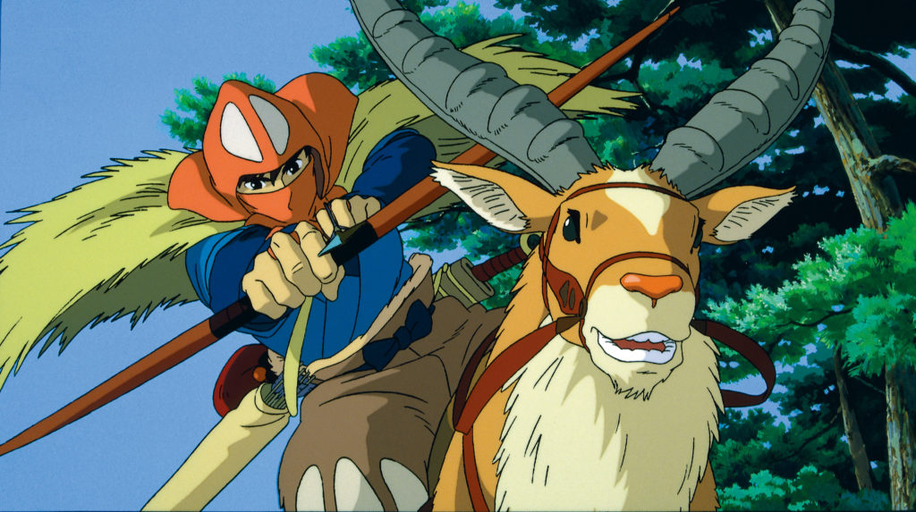 Ashitaka fires an arrow from the back of his trusty antelope mount in a scene from the 1997 Princess Mononoke theatrical anime film.
