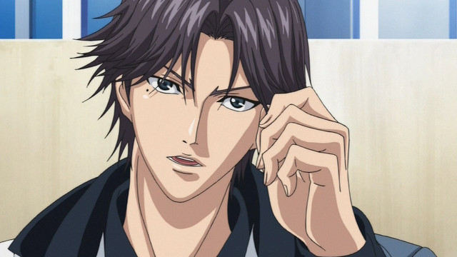 Keigo Atobe tugs at his bangs in a scene from The Prince of Tennis TV anime.