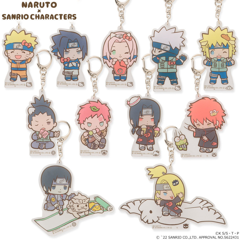 A promotional image depicting all 11 acrylic key chains for the Naruto characters from the Naruto x Sanrio Characters collaboration.