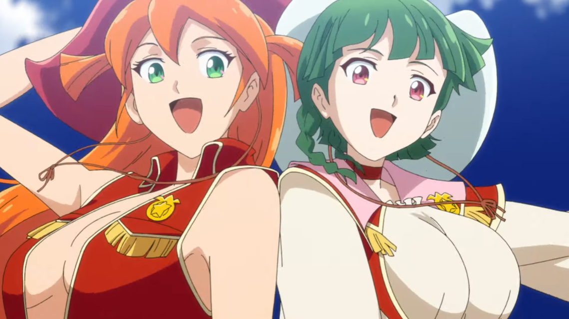 Elsha Lean and Atlee Ariel, a pair of young ladies dressed as ranch hands, smile and bump shoulders in a scene from the Back Arrow TV anime opening animation.