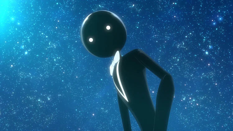 The mysterious shadowy figure known as Deemo poses against the backdrop of a starlight night sky in a scene from the upcoming DEEMO Memorial Keys theatrical anime film.