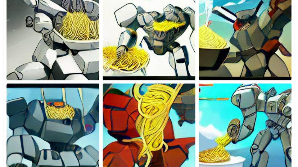 Dall-e mini spaghetti getting into a mecha fight anime