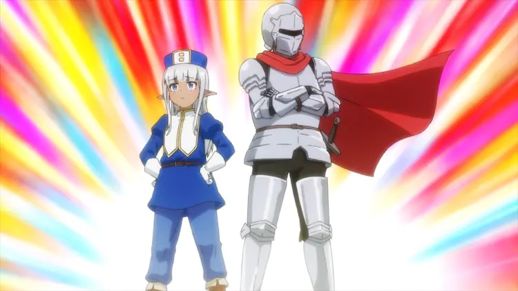 Carla - a dark elf healer - and Alvin - an armored warrior - pose dramatically in a scene from the Don't Hurt Me, My Healer! TV anime.