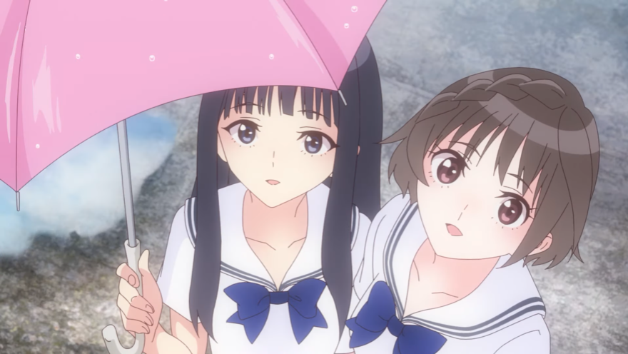 Hiori and Ruka cheerfully share an umbrella on a rainy day in a scene from the ending animation for the 2nd cour of the Blue Reflection Ray TV anime.