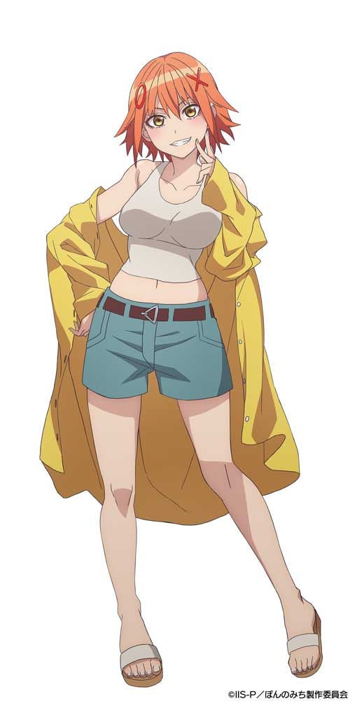 Eine Charaktereinstellung von Izumi Tokutomi aus dem kommenden TV-Anime Pai no Michi.  Izumi ist eine dralle junge Dame mit kurzen roten Haaren und bernsteinfarbenen Augen.  Sie trägt Haarspangen in Form eines X und eines O, ein weißes Tanktop-T-Shirt, Jeansshorts, einen gelben Regenmantel und Sandalen. 