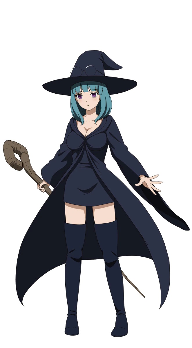 A character setting of Winny from the upcoming Peach Boy Riverside TV anime. Winny is a buxom woman with purple eyes and shoulder-length green hair, and she dresses in a floppy witch hat, cloak, a mini-skirt dress with a plunging neckline, and thigh-high stockings. All of her clothing is black, and she carries a wooden staff with a curly crook at the head.