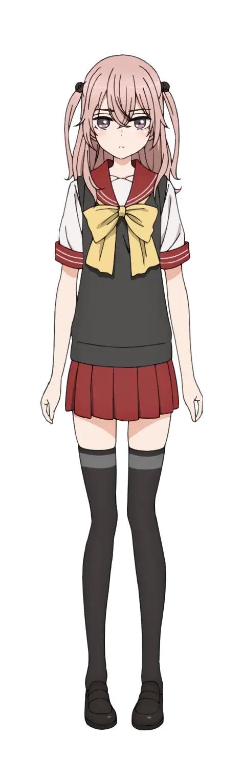 A character setting of Sajuna Inui from the upcoming My Dress-Up Darling TV anime. Sajuna is a petite young lady with light pink hair and purple eyes. She wears a school uniform with a sweater vest and thigh-high stockings.
