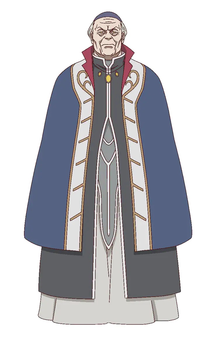 A character setting of Bagley from The Faraway Paladin TV anime. Bagley is a grim-faced man in late middle age who wears the ceremonial robes of a bishop.