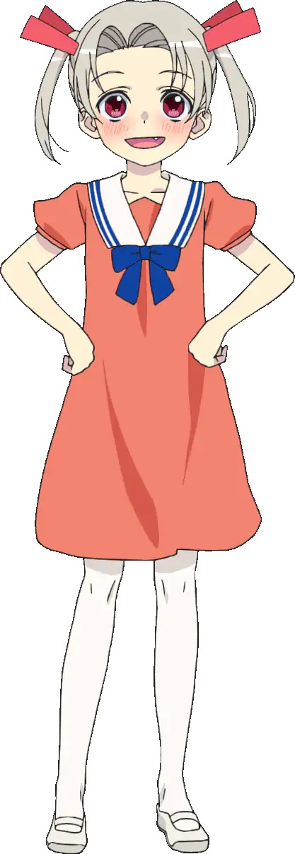 Eine Charaktereinstellung von Rikka aus dem kommenden TV-Anime 4-nin wa Sorezore Uso wo Tsuku.  Rikka ist ein zierliches Mädchen mit rosa Augen und grauer Frisur mit Zöpfen.  Sie trägt ein Matrosen-Fuku-Kleid.