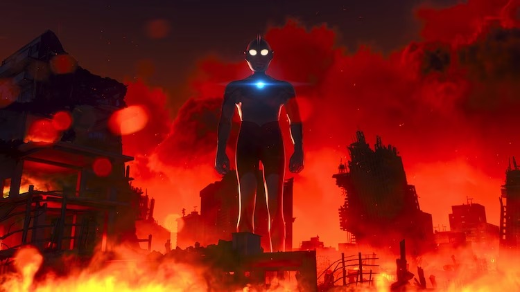 An unearthly vision of the original Ultraman man stands in the flaming wreckage of a ruined human city in a scene from the upcoming final season of Netflix's ULTRAMAN anime.