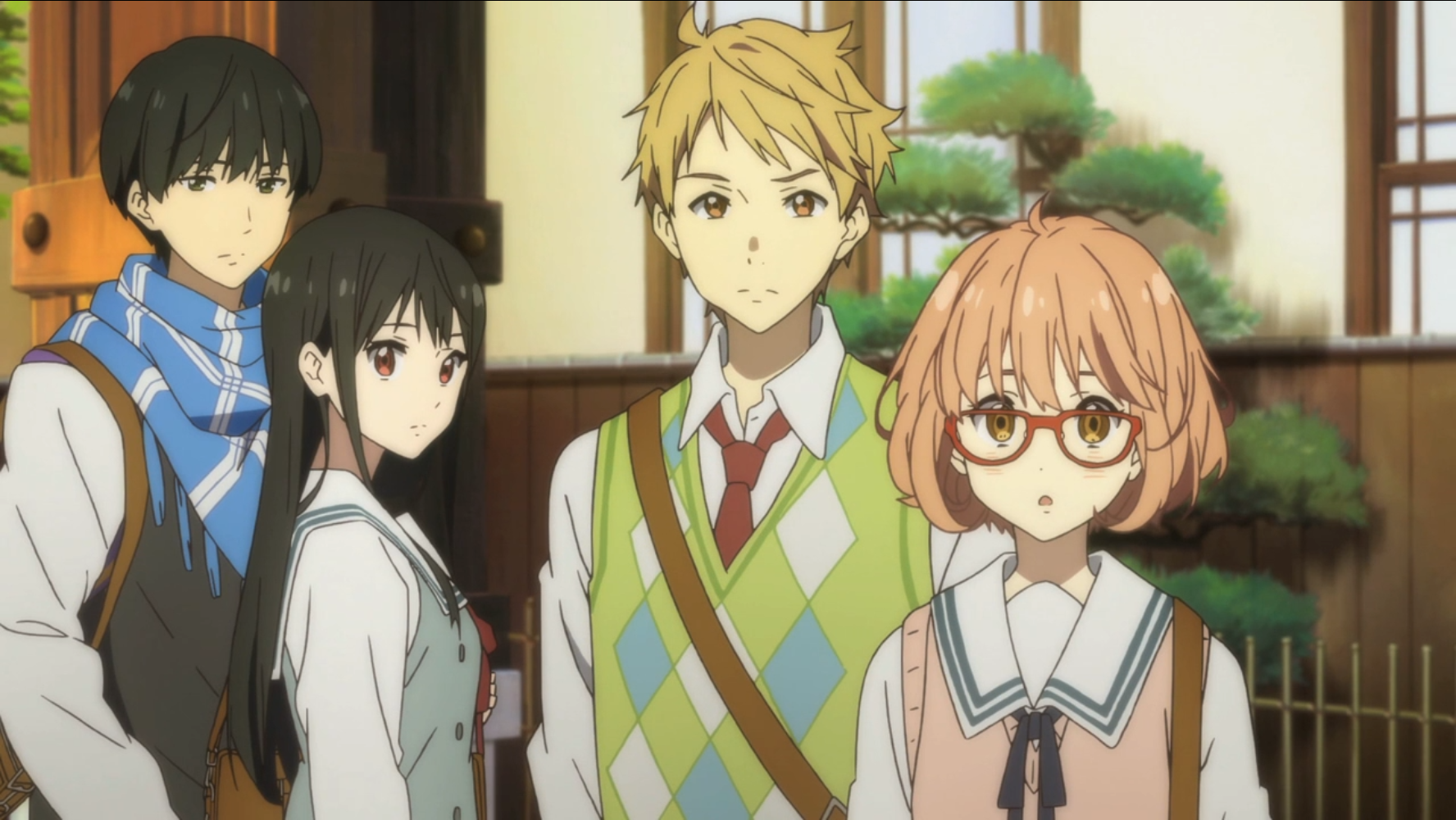 Hiromi Nase, Mitsuki Nase, Akihito Kanbara, and Mirai Kuriyama gather at the Nase family household to plan how to deal with a looming yomu threat in a scene from the 2013 Beyond the Boundary TV anime.