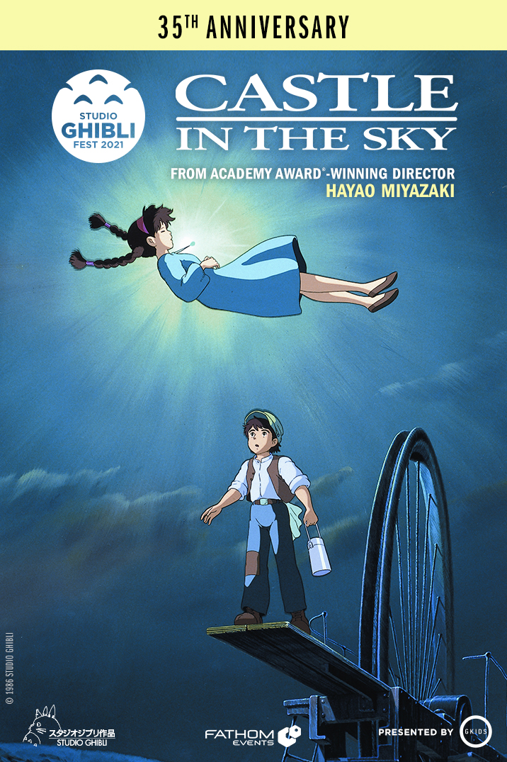 The theatrical poster for the Studio Ghibli Fest 2021 screenings of Castle in the Sky, featuring Pazu witnessing Sheeta descend from the sky like a feather while her necklace glows.