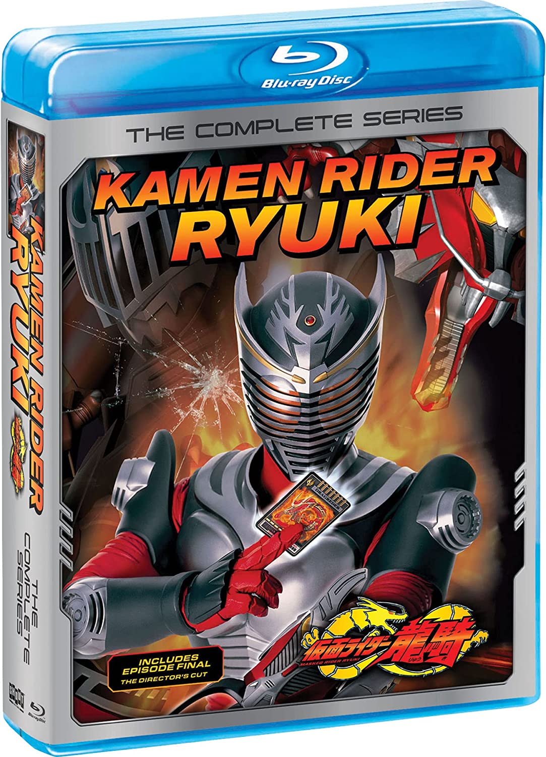 A promotional photo featuring an isometric view of the Blu-Ray case for Shout! Factory's upcoming release of Kamen Rider Ryuki: The Complete Series.