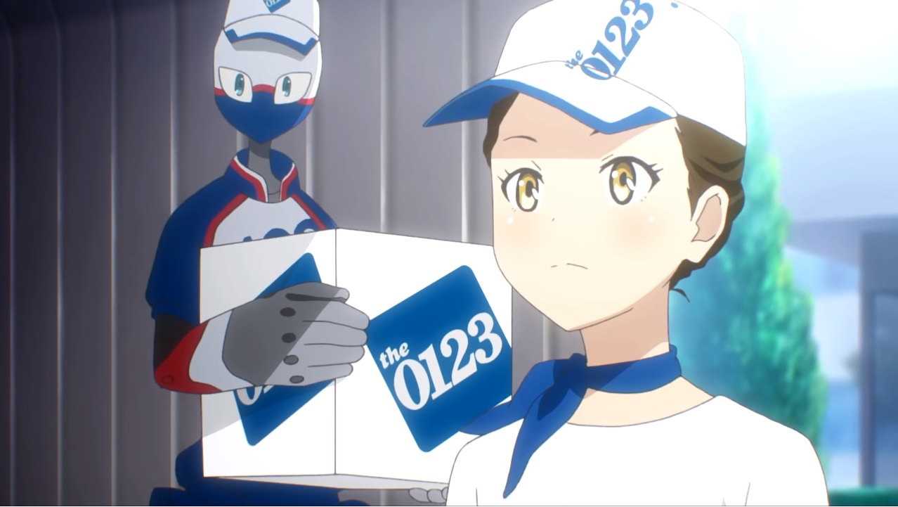 Arbot und Izumi-chan bereiten sich in einer Szene aus der fünften darauf vor, einer Kundin bei der Suche nach ihrer vermissten Hauskatze zu helfen "Bewegen Sie sich in die Zukunft" animiertes Video, das für die Umzugsdienste von Art Corporation wirbt.
