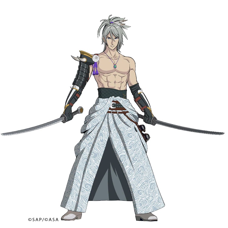 Ein Charakter-Visual von Oda Nobunaga aus dem kommenden Anime-Projekt Rusted Armors.  Oda Nobunaga erscheint als muskulöser junger Mann mit wilden grauen Haaren, die zu einem Zopf hochgesteckt sind.  Er trägt Stulpen und schwingt zwei Schwerter, trägt aber ansonsten kein Hemd und seinen Kimono ist sorglos um seine Taille gebunden.